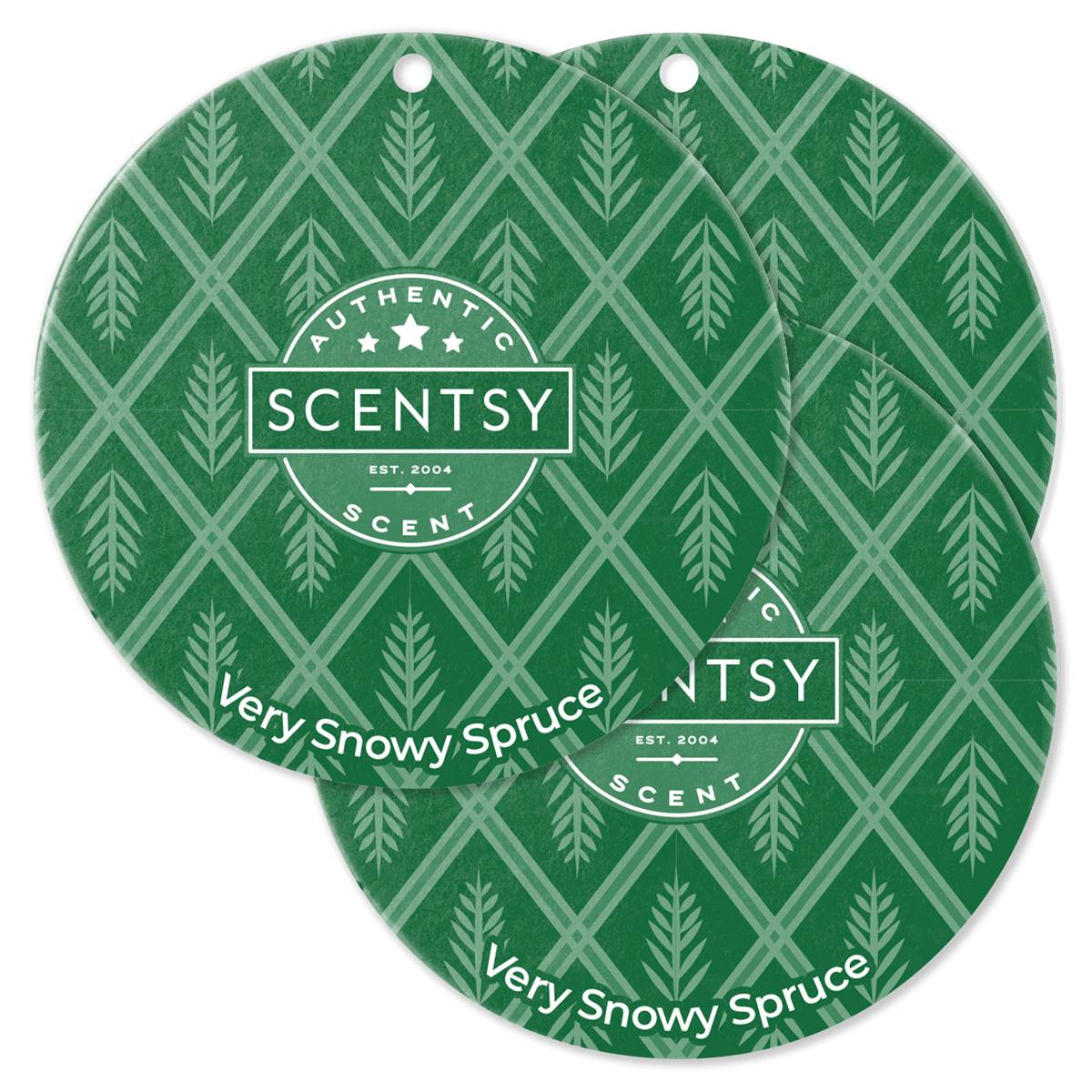 Two Scentsy Very Snowy Spruce scented throw pillows with green and white pattern on a black background.