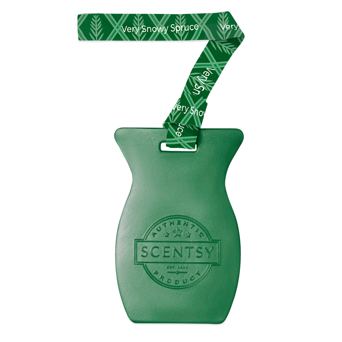 Green Scentsy product with a decorative ribbon on a black background