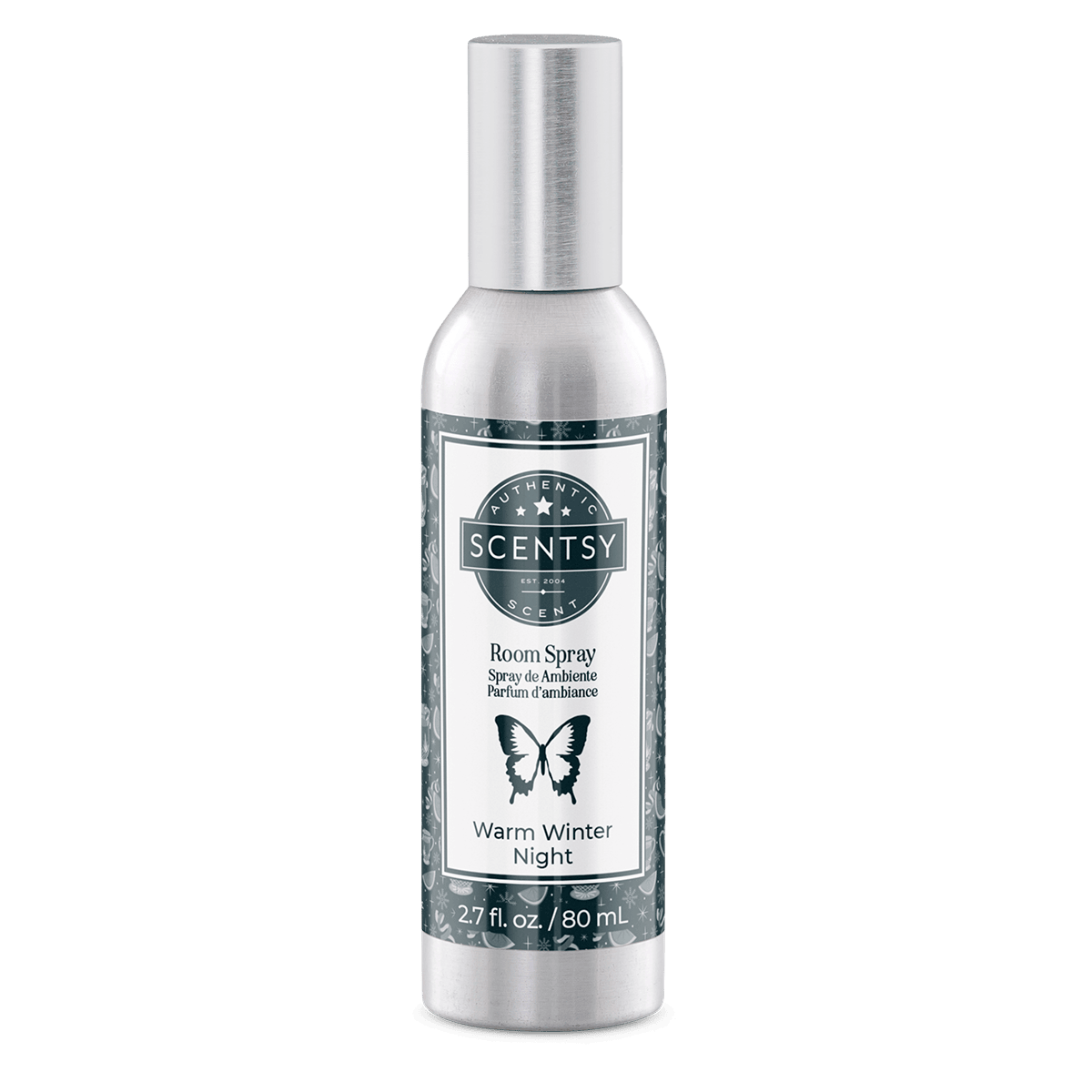 Scentsy room spray bottle labeled 'Warm Winter Night' on a green background