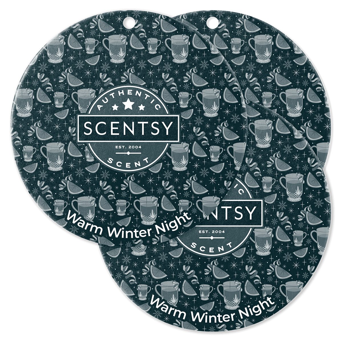 Two Scentsy Warm Winter Night scent cards with pattern and branding on a transparent background