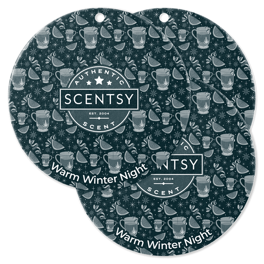 Two Scentsy Warm Winter Night scent cards with pattern and branding on a transparent background