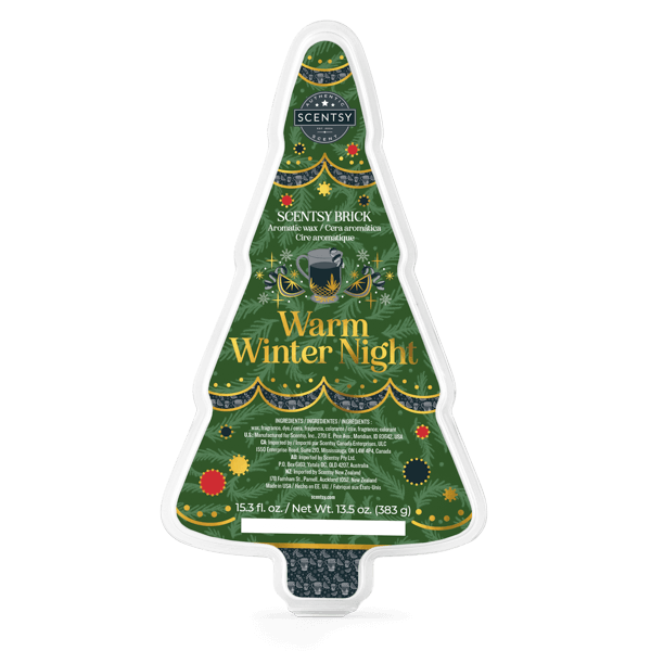 Scentsy brick packaging shaped like a Christmas tree with 'Warm Winter Night' text on a white background