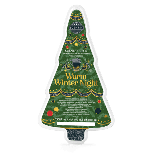 Scentsy brick packaging shaped like a Christmas tree with 'Warm Winter Night' text on a white background