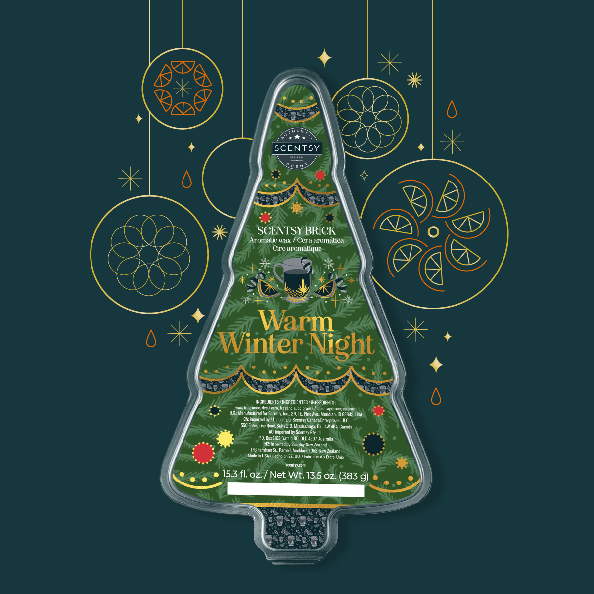 Scentsy brick packaging with 'Warm Winter Night' design on a dark green background