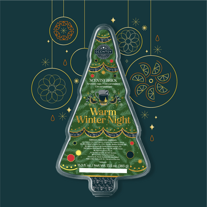 Scentsy brick packaging with 'Warm Winter Night' design on a dark green background