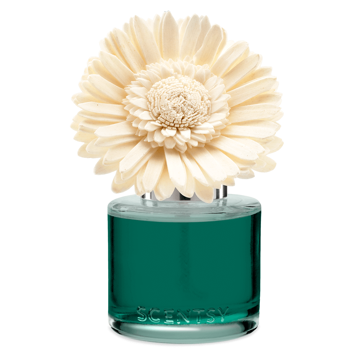 Scentsy diffuser with a large white flower on top against a black background