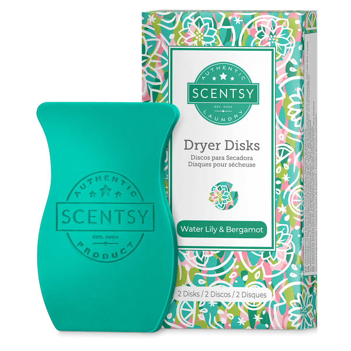 Scentsy dryer disk and packaging with floral design on a black background