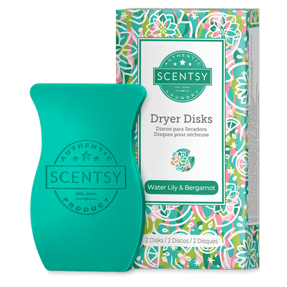 Scentsy dryer disk and packaging with floral design on a black background