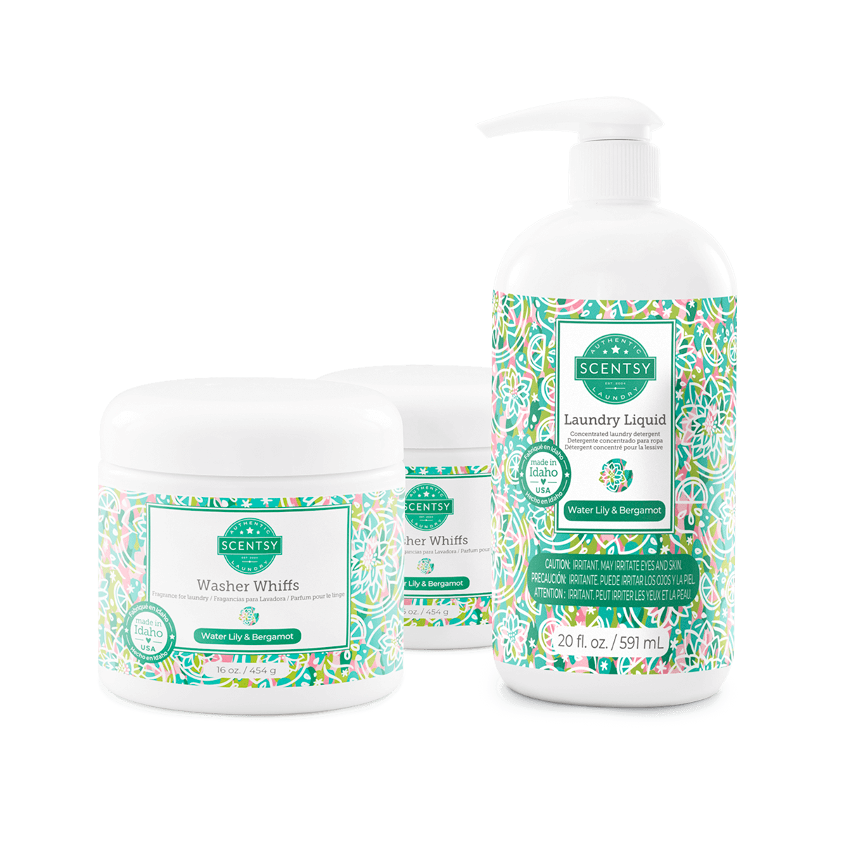 Scentsy laundry products including a bottle and jars on a white background