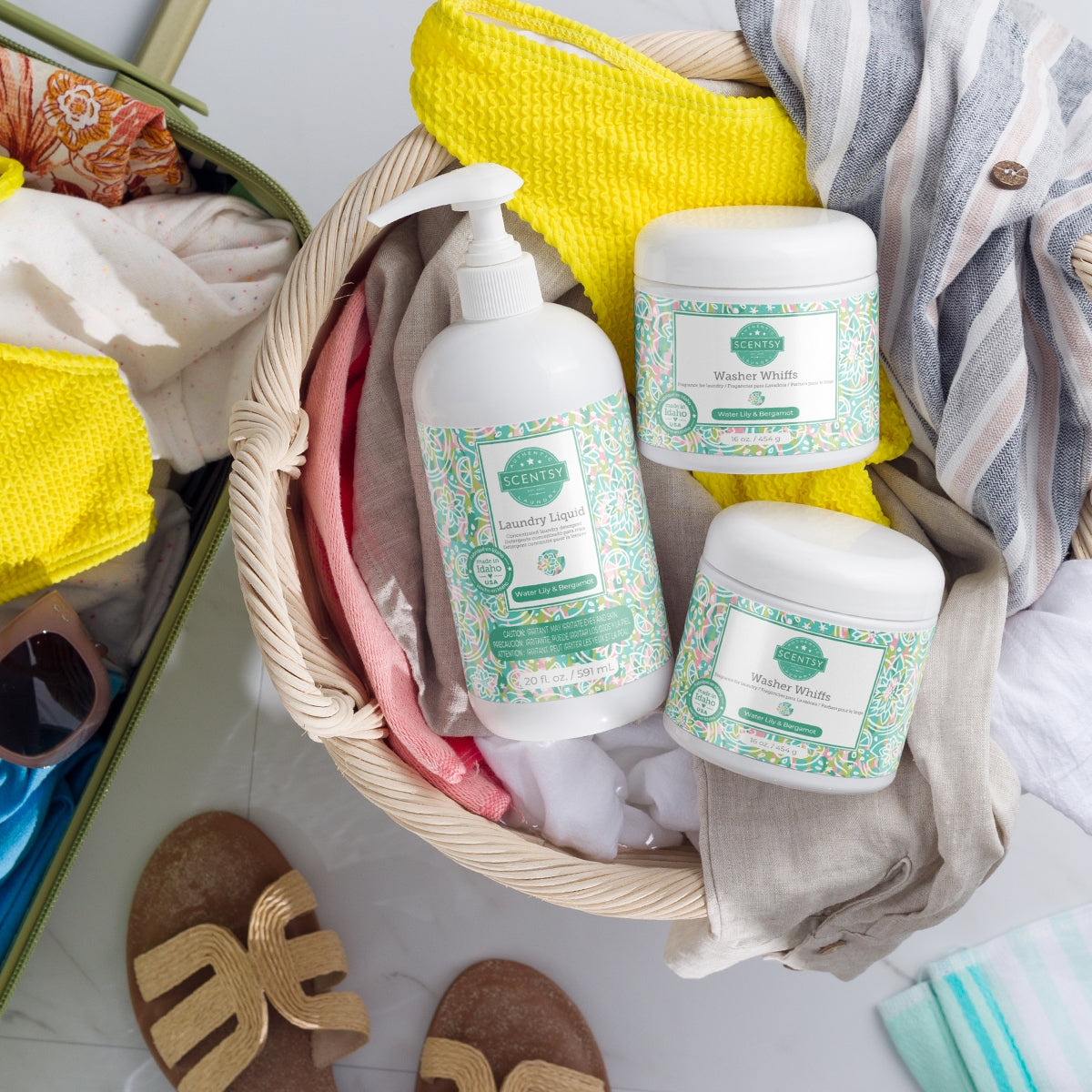 Bathroom scene with laundry detergent bottles, towels, and cleaning supplies.