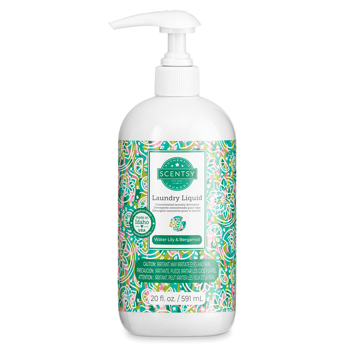 Scentsy laundry liquid bottle with colorful label on a white background