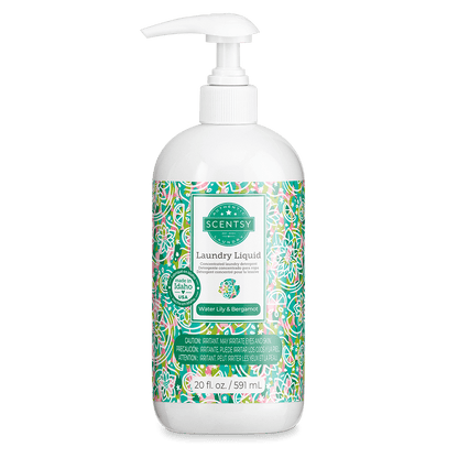 Scentsy laundry liquid bottle with colorful label on a white background