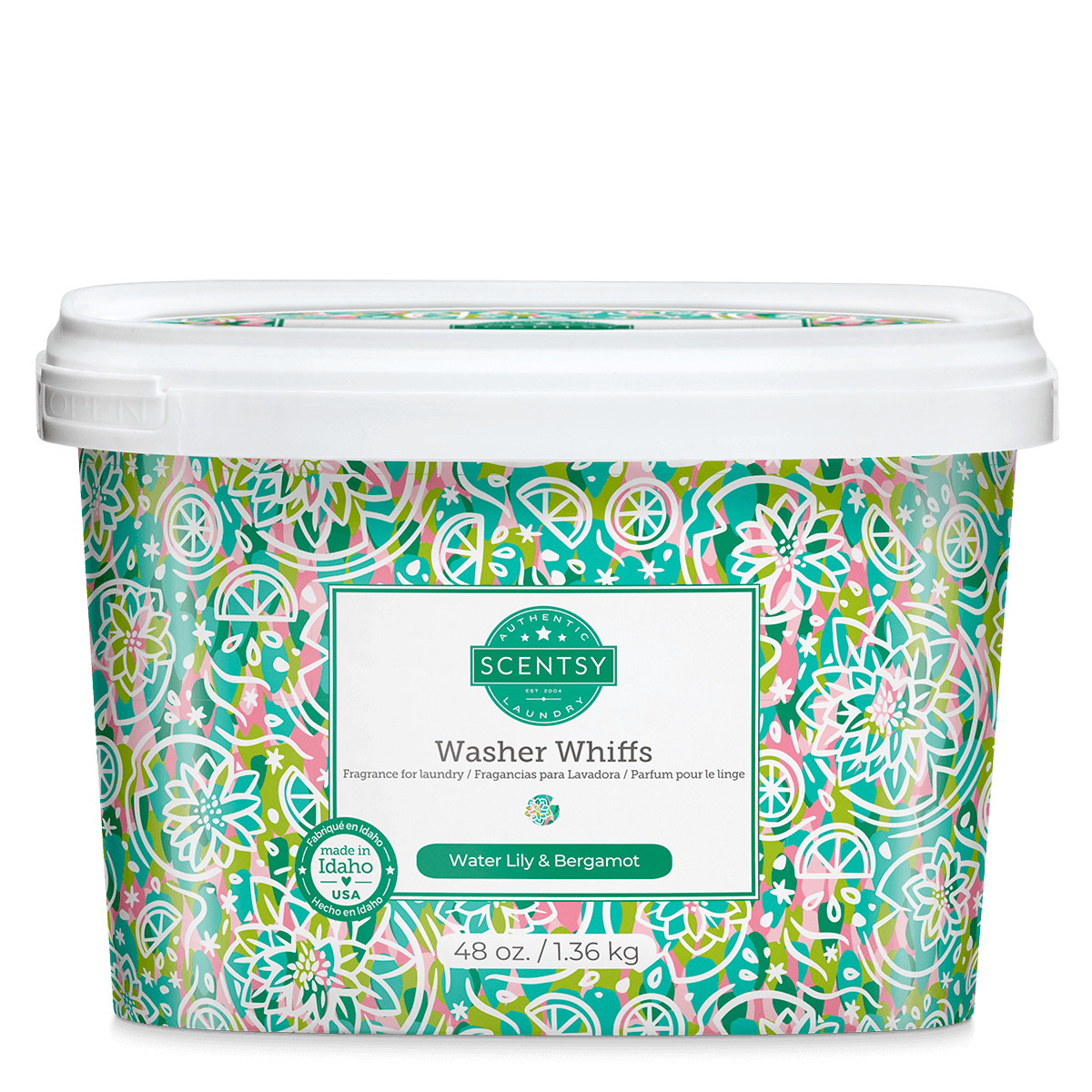 Scentsy Washer Whiffs container with colorful pattern on a white background