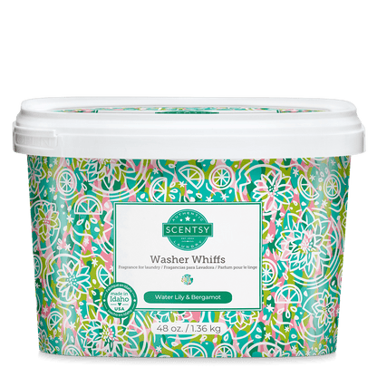 Scentsy Washer Whiffs container with colorful pattern on a white background