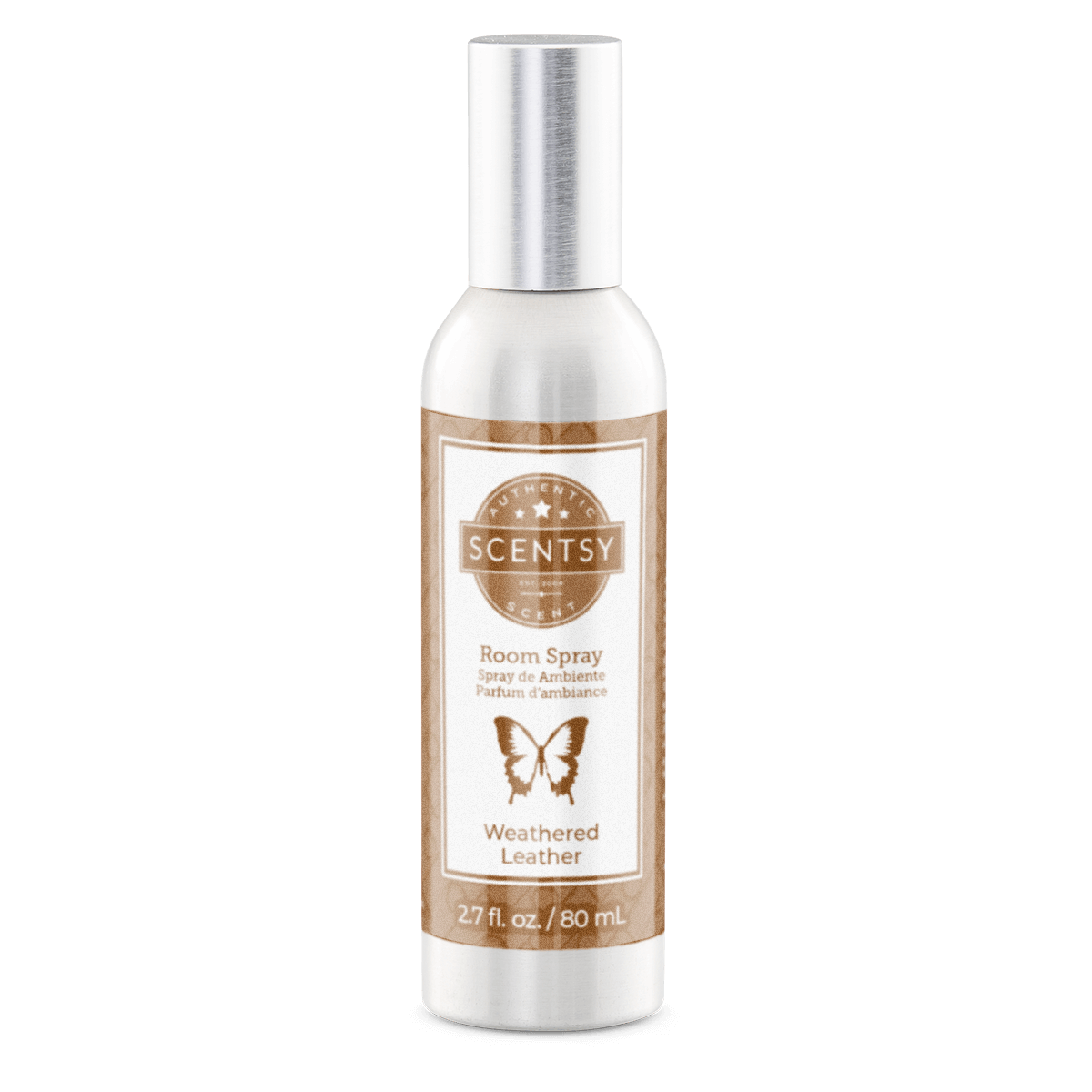 Scentsy room spray bottle with 'Weathered Leather' label on a white background
