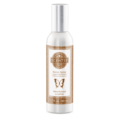 Scentsy room spray bottle with 'Weathered Leather' label on a white background