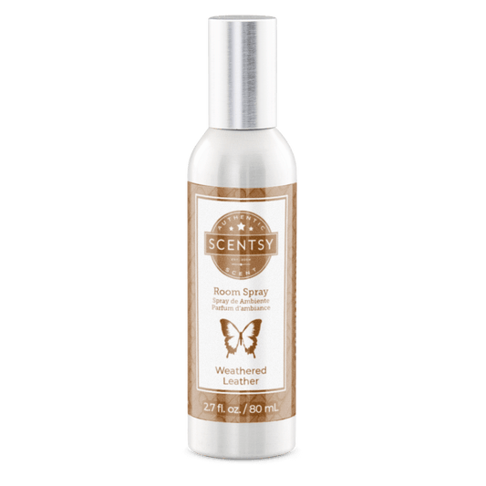Scentsy room spray bottle with 'Weathered Leather' label on a white background