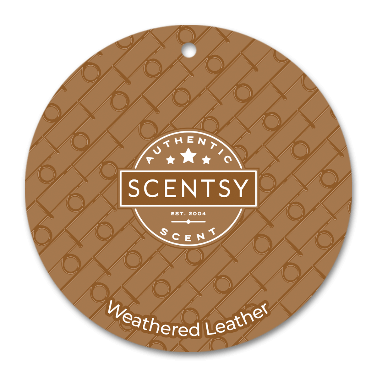 Scentsy Weathered Leather scent disc with brand logo on a brown background