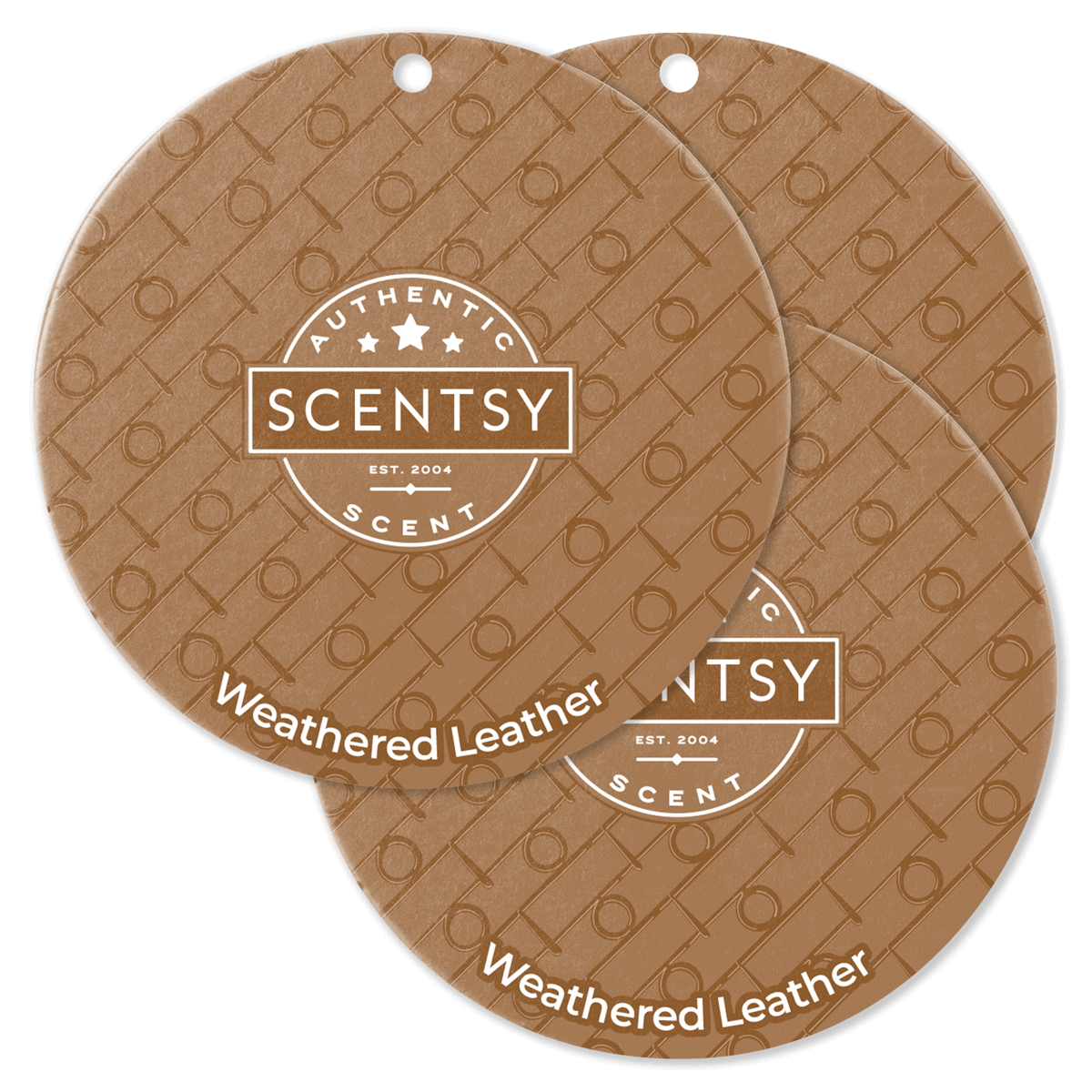 Two Scentsy Weathered Leather scented wax discs on a black background