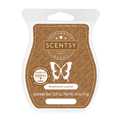 Scentsy Weathered Leather scent bar packaging on a white background