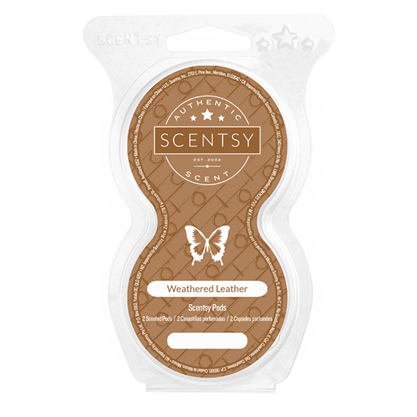 Scentsy Weathered Leather scent package on a white background