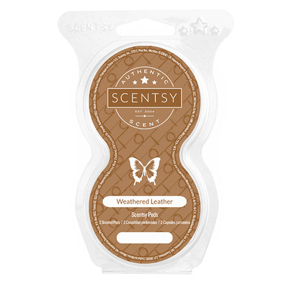 Scentsy Weathered Leather scent package on a white background