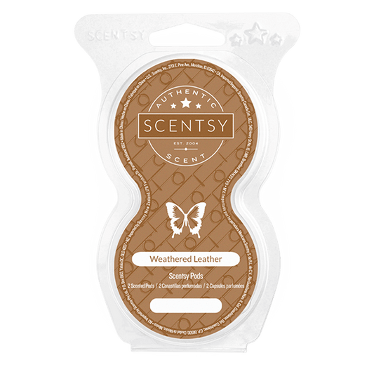 Scentsy Weathered Leather scent package on a white background