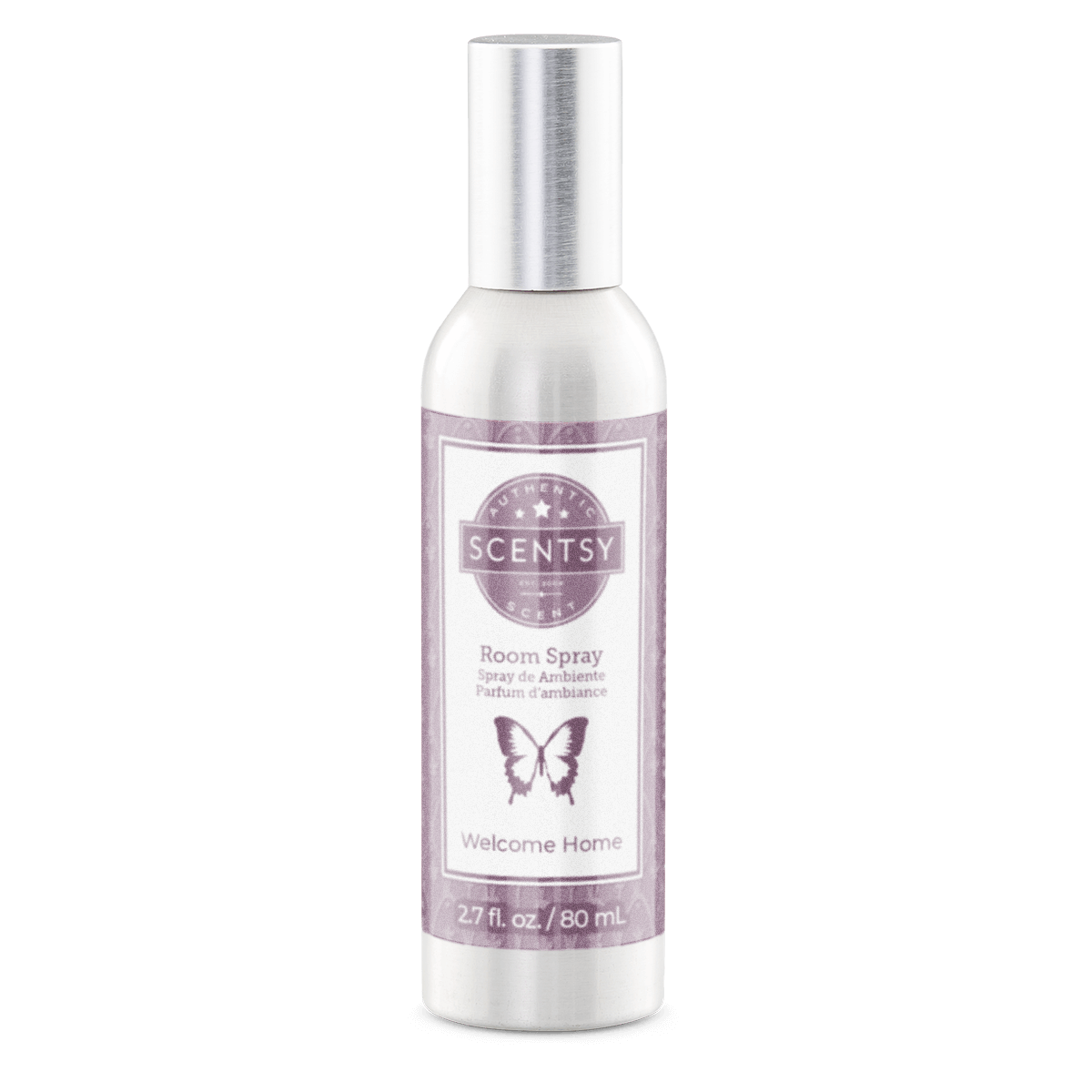 Scentsy room spray bottle with purple label on a white background