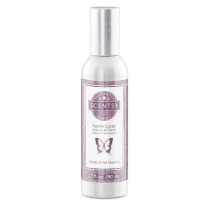 Scentsy room spray bottle with purple label on a white background