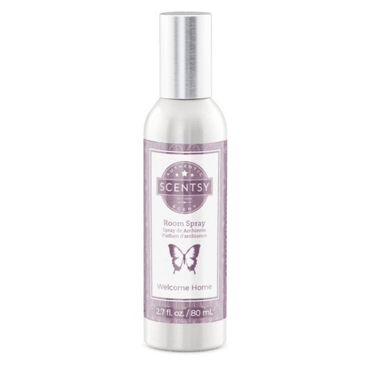 Scentsy room spray bottle with purple label on a white background