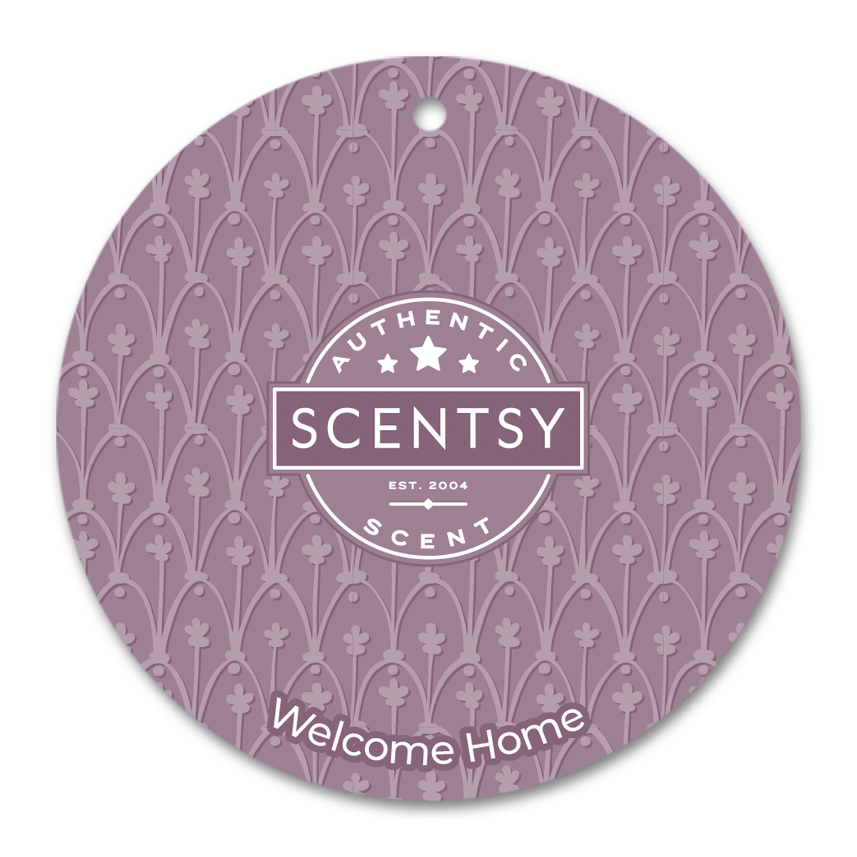 Scentsy scent card with patterned design and 'Welcome Home' text on a black background