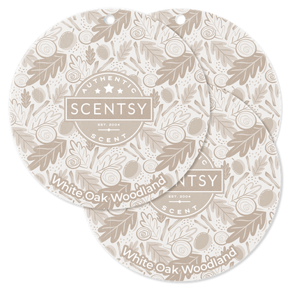 Scentsy White Oak Woodland scented wax melts packaging on a green background