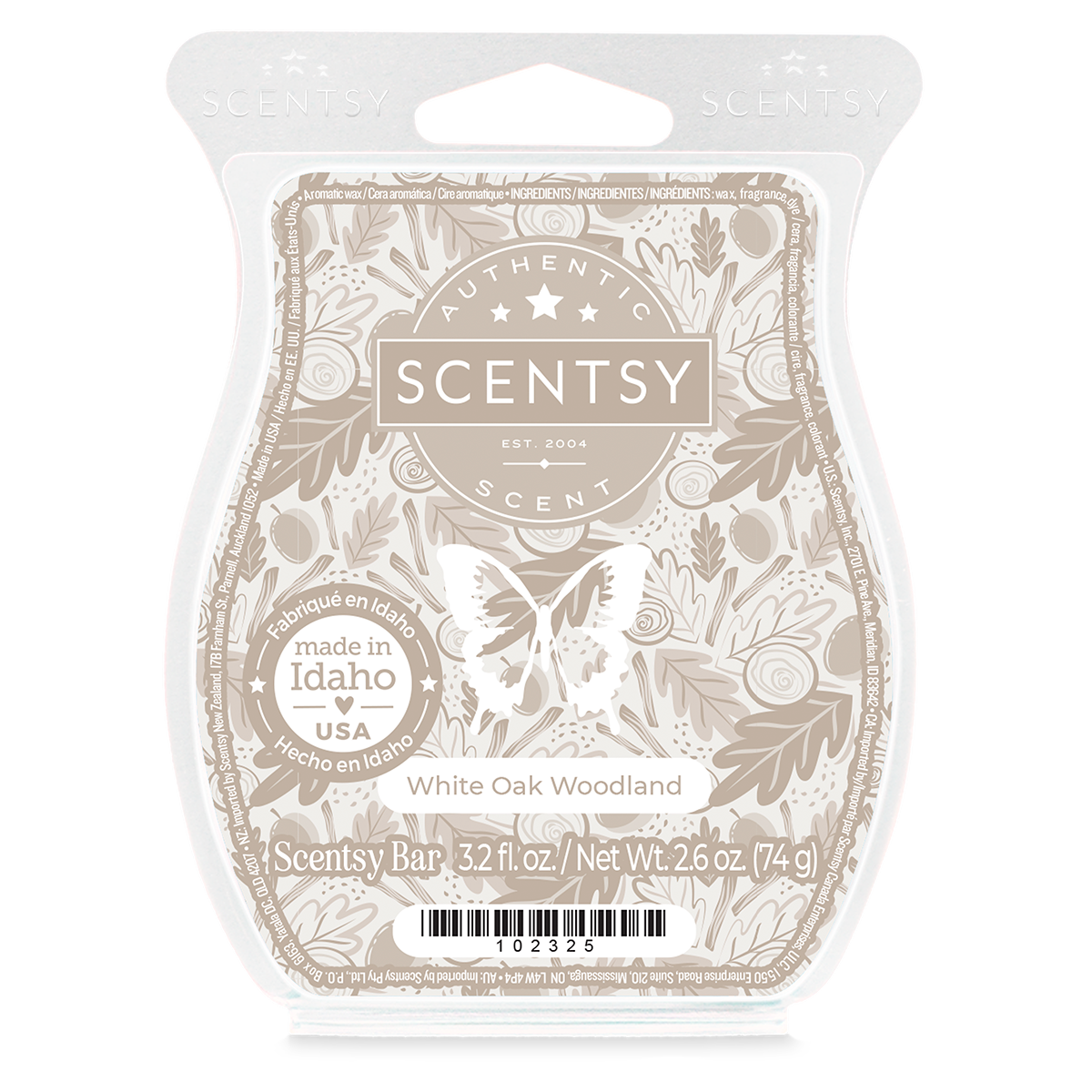Scentsy White Oak Woodland wax warmer packaging on a white background