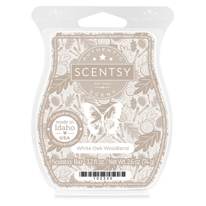 Scentsy White Oak Woodland wax warmer packaging on a white background