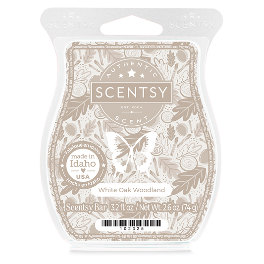 Scentsy White Oak Woodland wax warmer packaging on a white background