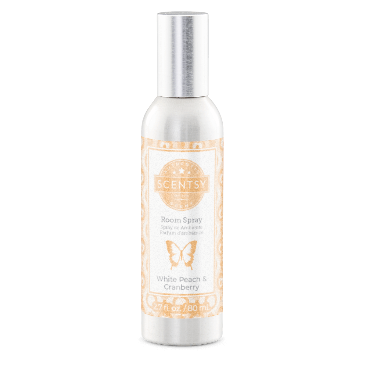 Scentsy room spray bottle with white peach and cranberry scent on a white background