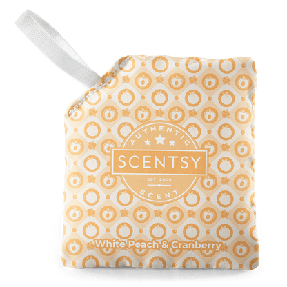 Scentsy warmer with 'White Peach & Cranberry' scent on a clear background