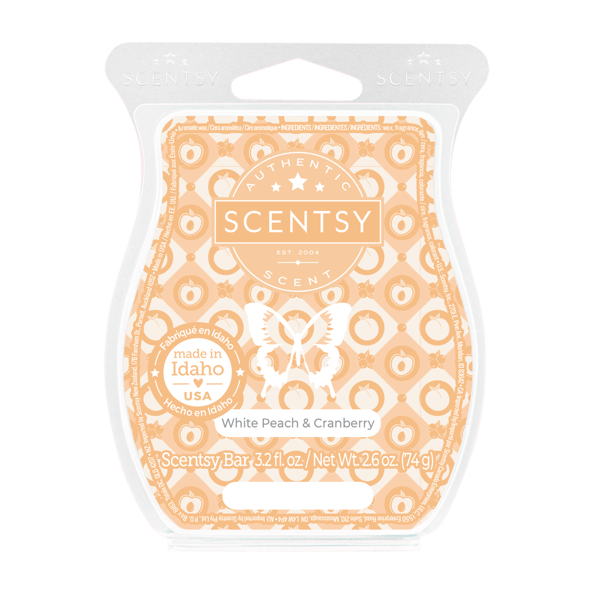Scentsy bar packaging with white peach and cranberry design on a black background