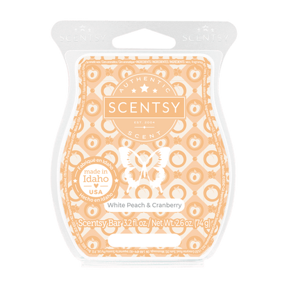 Scentsy bar packaging with white peach and cranberry design on a black background
