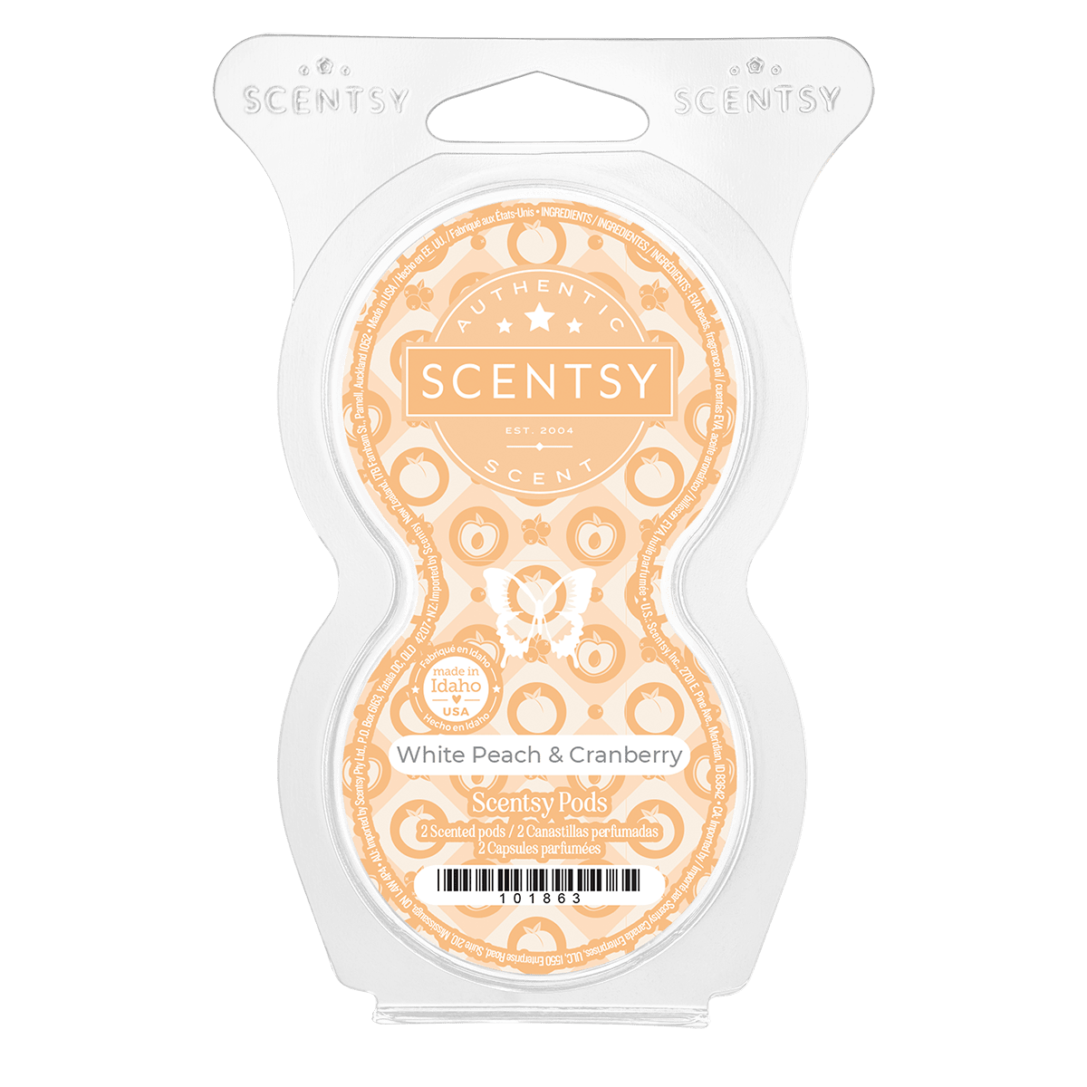 Scentsy White Peach & Cranberry scented wax package on a black background