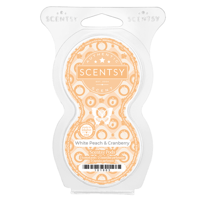 Scentsy White Peach & Cranberry scented wax package on a black background