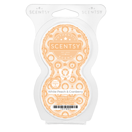 Scentsy White Peach & Cranberry scented wax package on a black background