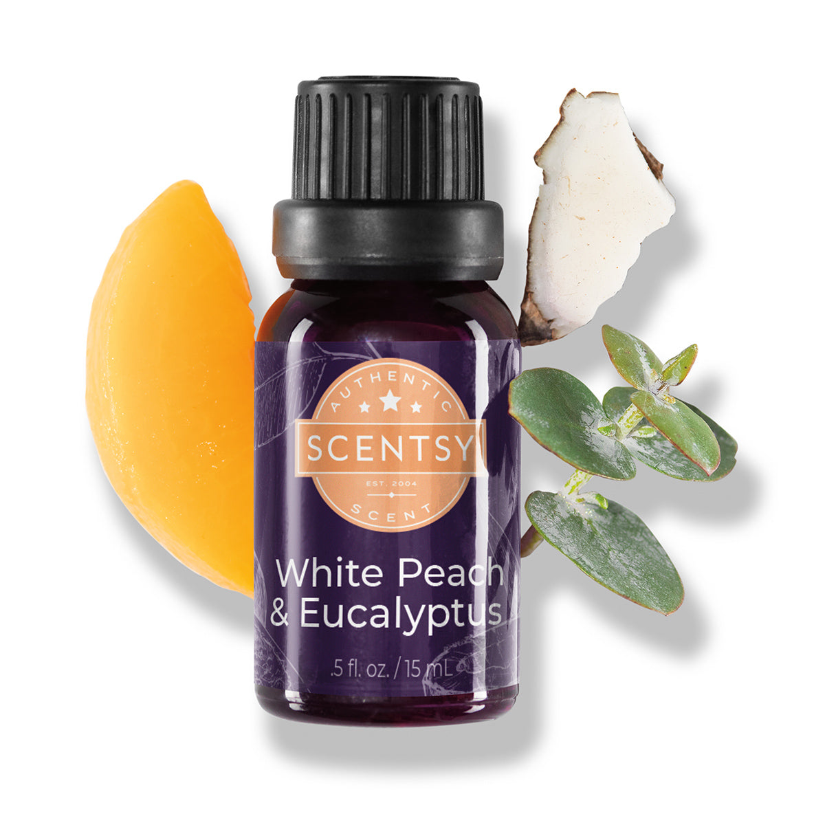 Scentsy White Peach & Eucalyptus essential oil bottle with peach slice, eucalyptus leaves, and coconut on a white background