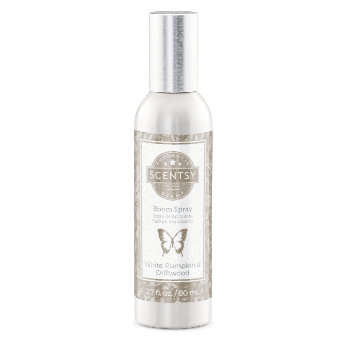 Scentsy room spray bottle with label on a white background