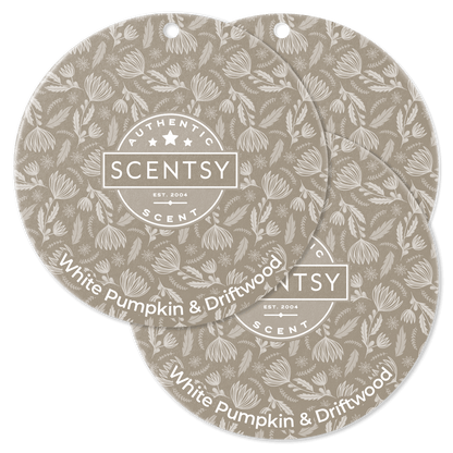 Scentsy scent cards with white pumpkin and driftwood design on a beige background