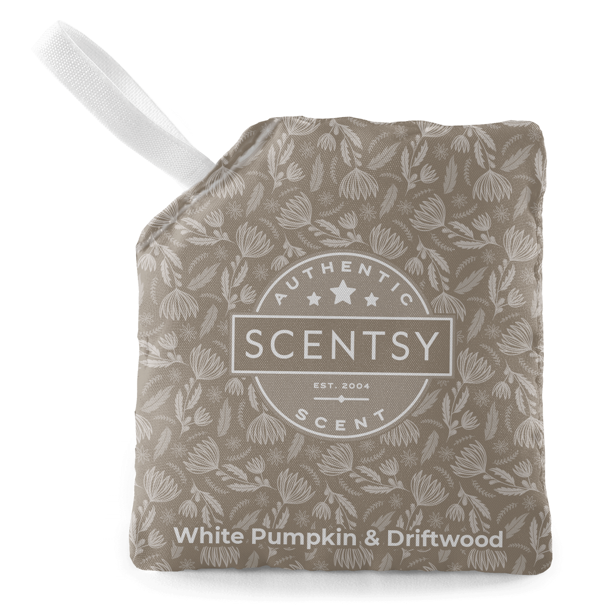 Scentsy product with floral pattern and 'White Pumpkin & Driftwood' text on a white background