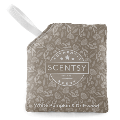 Scentsy product with floral pattern and 'White Pumpkin & Driftwood' text on a white background