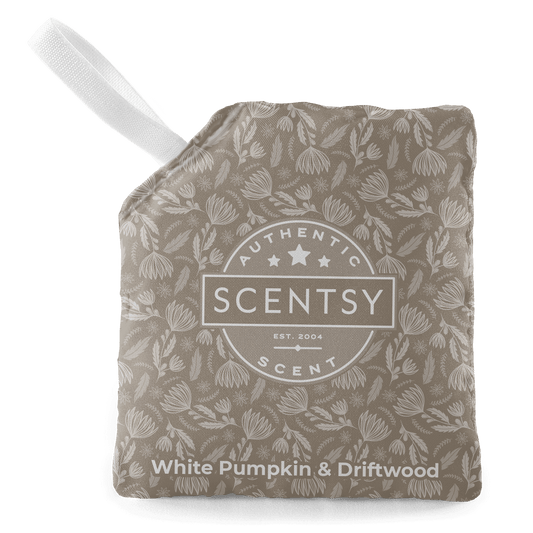 Scentsy product with floral pattern and 'White Pumpkin & Driftwood' text on a white background