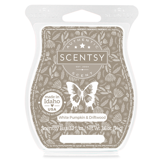 Scentsy wax bar packaging with butterfly design and text on a white background