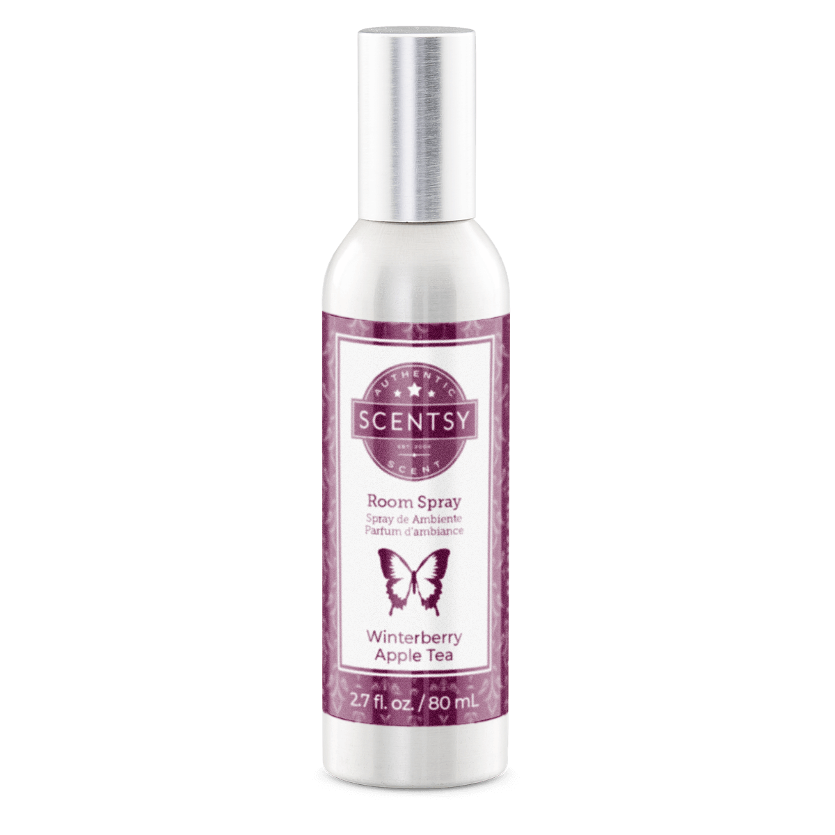 Scentsy room spray bottle with purple label on a white background